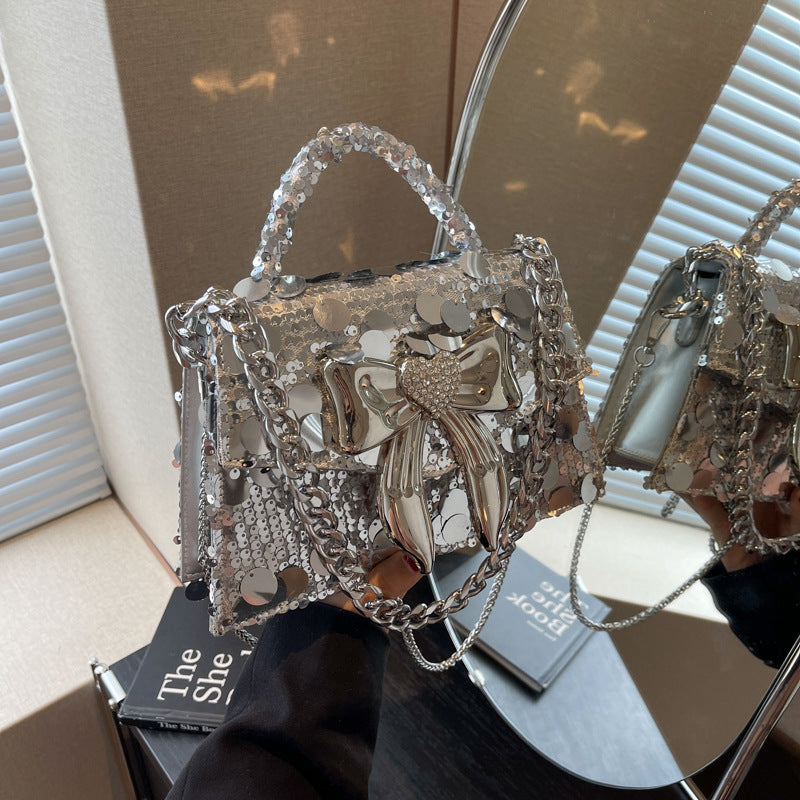 Women's Fashionable Sequins Shoulder Chain Bow Small Square Bag