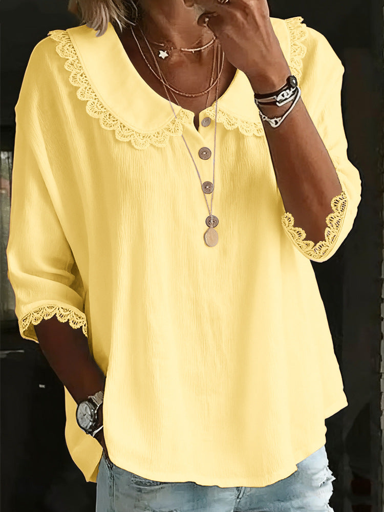 Fashionable Collar With Lace Trim, Solid-Color Button-Up Shirt