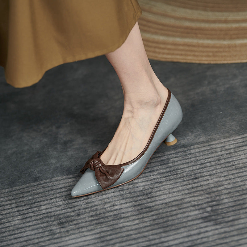Women's Bow Leather Mid Heel Shoes Spring Autumn