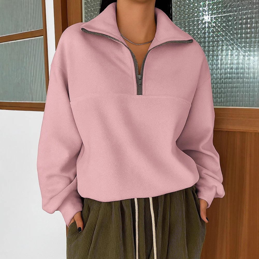 Casual Loose Fashion Solid Color Long Sleeve Zipper Pullover Lapel Sweater