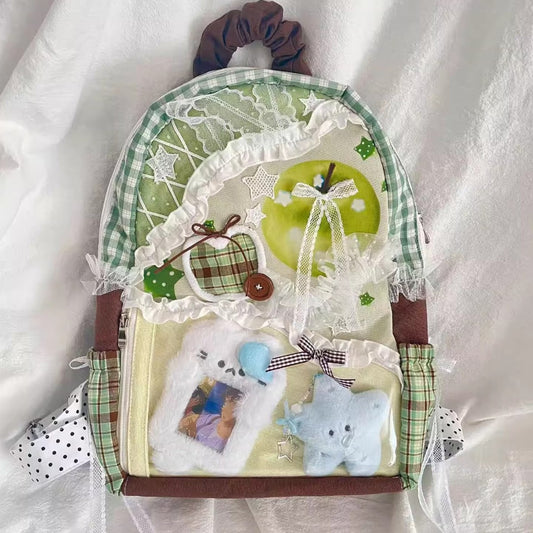 Large-capacity Backpack Plaid Canvas Bag With Contrasting Color Patchwork