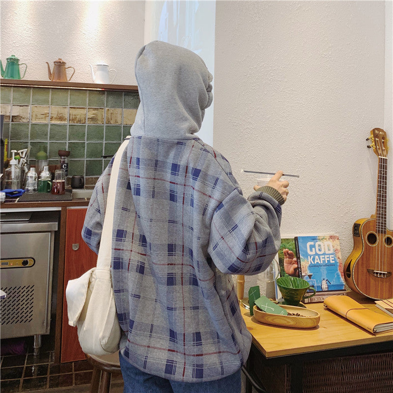 Fake Two Piece Long Sleeve Sweater Women Hooded Loose Plaid