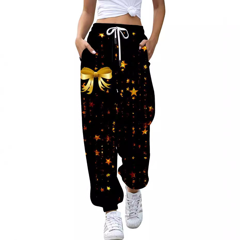 European And American Christmas High Waist Loose 3d Printed Casual Drawstring Women's Sports Casual Pants