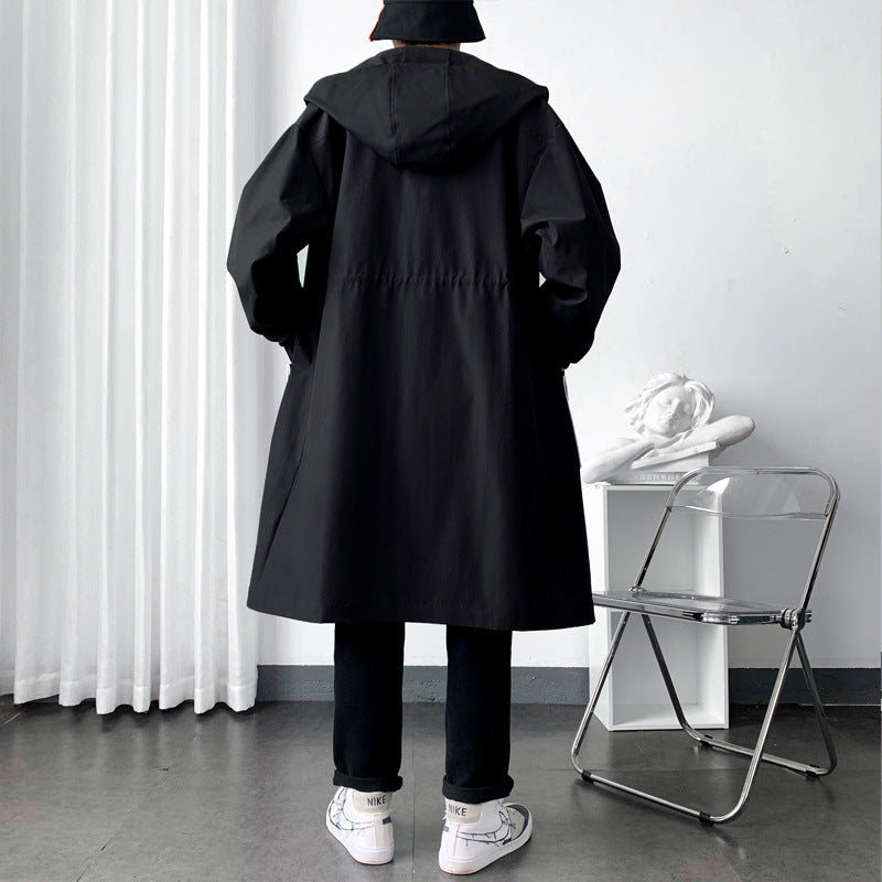 Men's Long Below The Knee Loose Casual Large Contrast Color Stripe Hooded Jacket