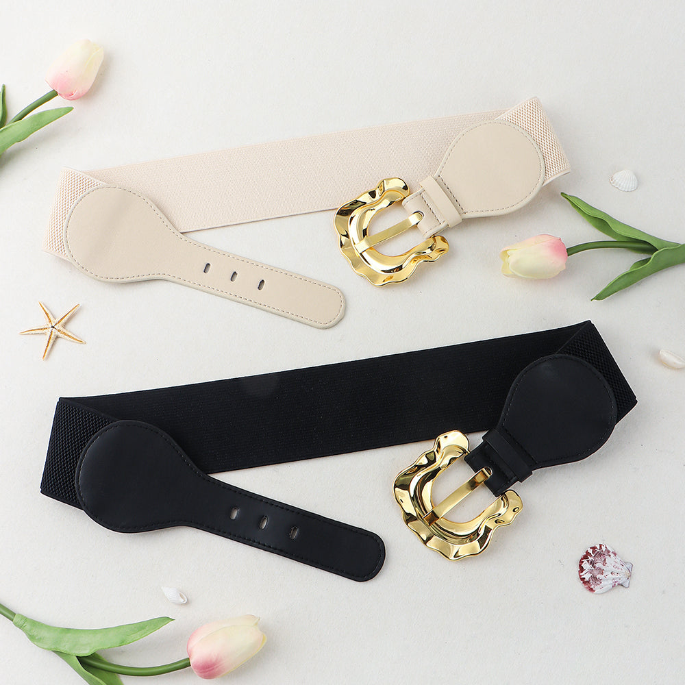 New Autumn And Winter Women's Wide Belt Elastic Elastic Irregular Flanged Alloy Buttonhead Smooth With Shirt Sweater Jacket Waist Seal