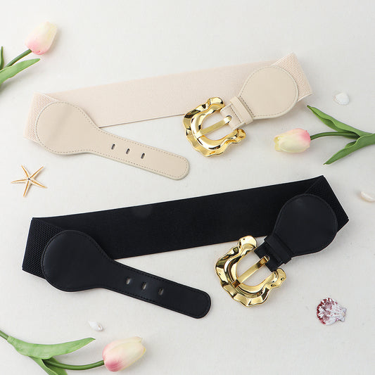 New Autumn And Winter Women's Wide Belt Elastic Elastic Irregular Flanged Alloy Buttonhead Smooth With Shirt Sweater Jacket Waist Seal