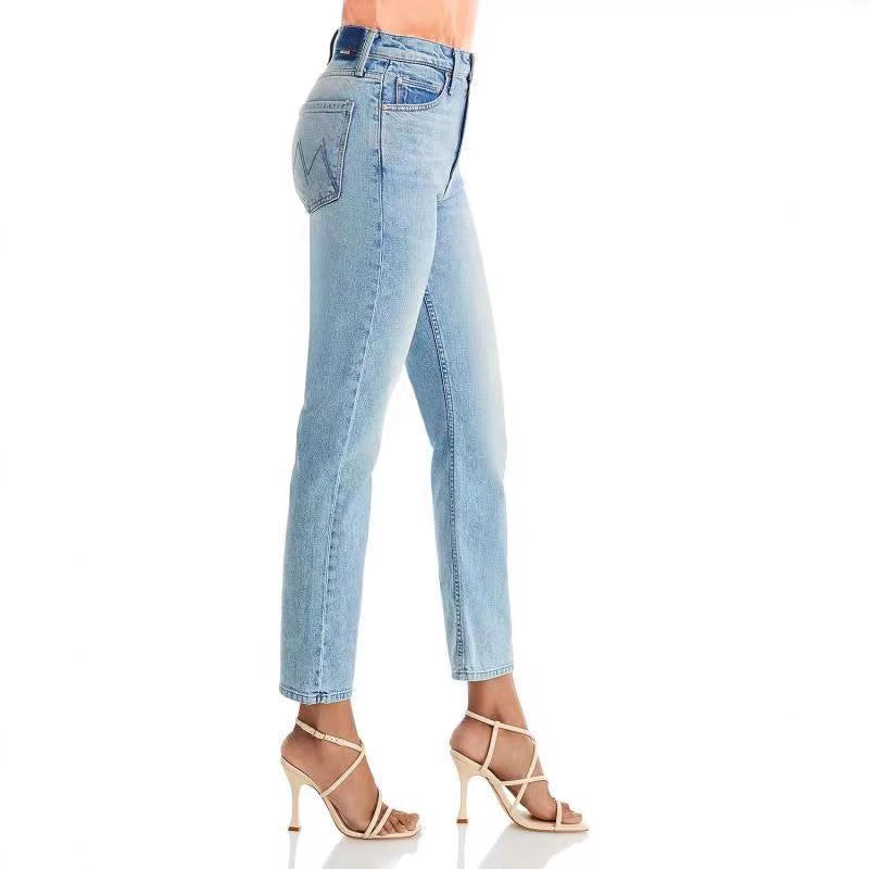 Højtaljede lyseblå strækbare smalle kropsnære jeans med lige ben og cropped længde til kvinder