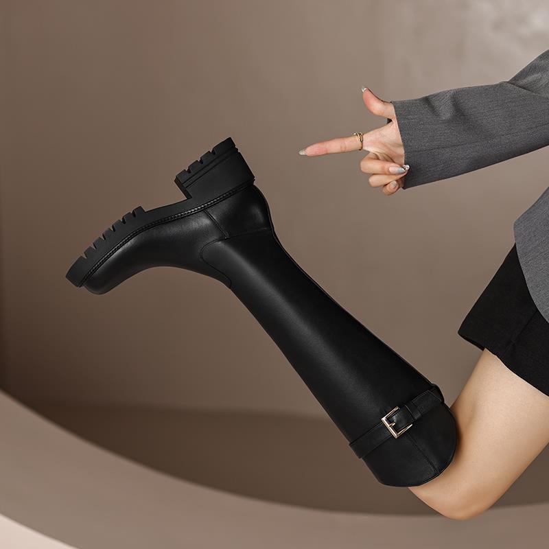 Leather High Heel Knee Boots British Style Round Toe Chunky
