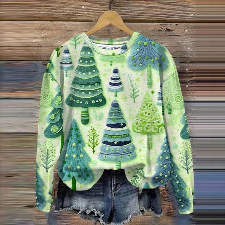 Halsudskæring, juleprint, sweatshirt til damer