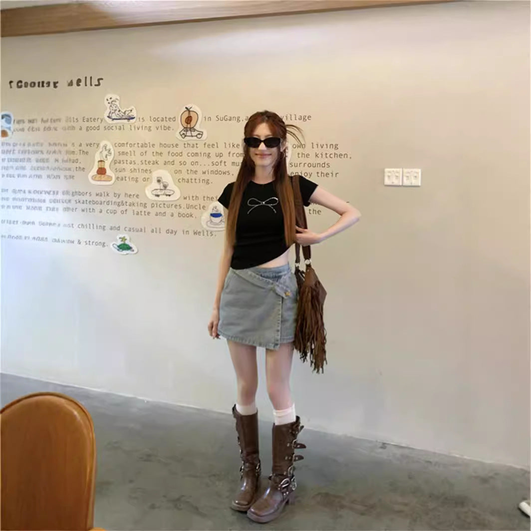 Sommer Amerikansk Hot Girl Kortærmet T-shirt Navle Sort Sløjfe