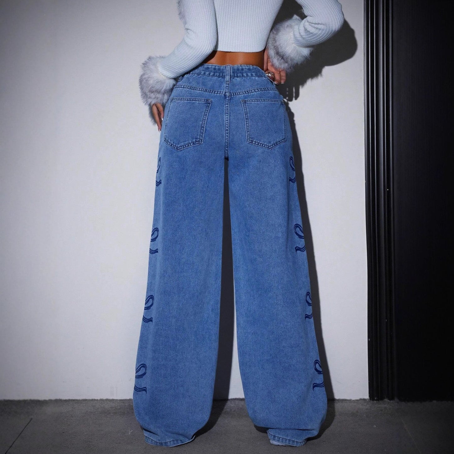 Printede lige-benede vide jeans