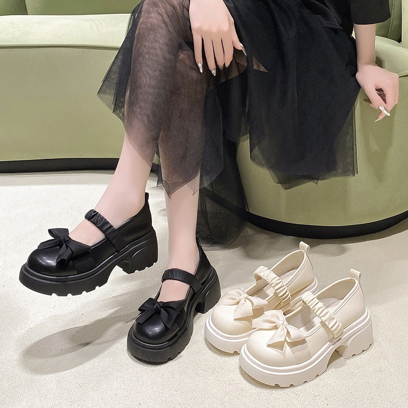 Small Leather Shoes Women's High Heel With Skirt Bow French Chunky Heel Pumps