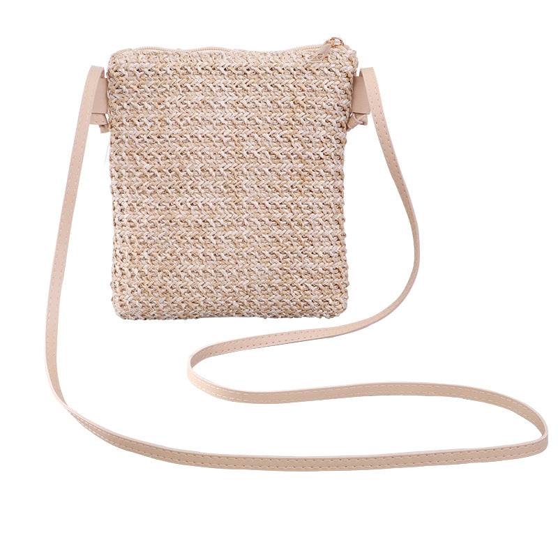 Mobile Phone Diagonal Bag Solid Color Straw Woven Female Bag