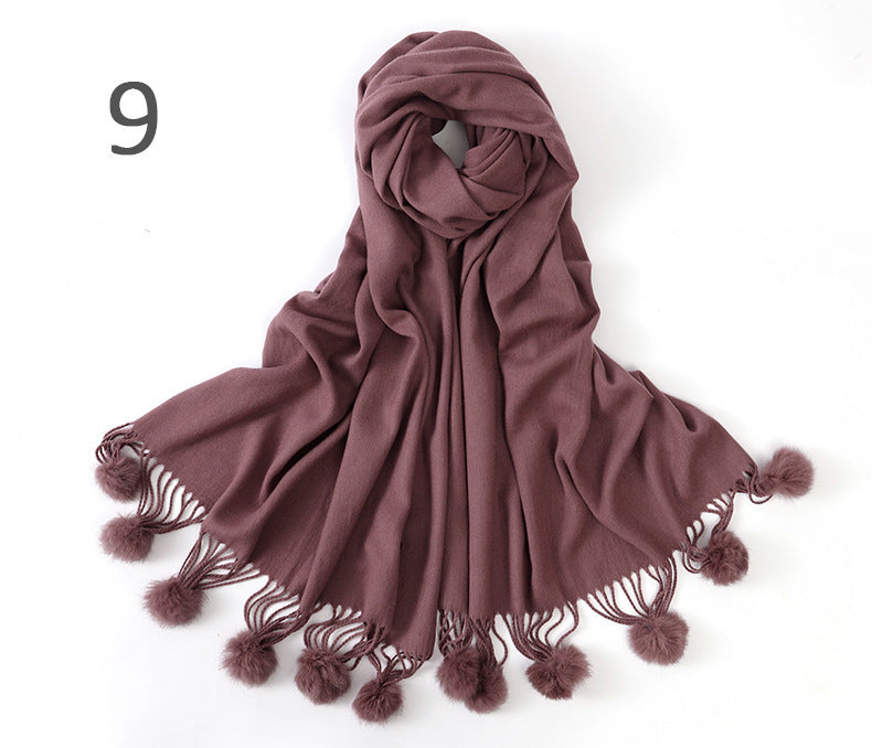 Pure color rabbit fur ball cashmere scarf