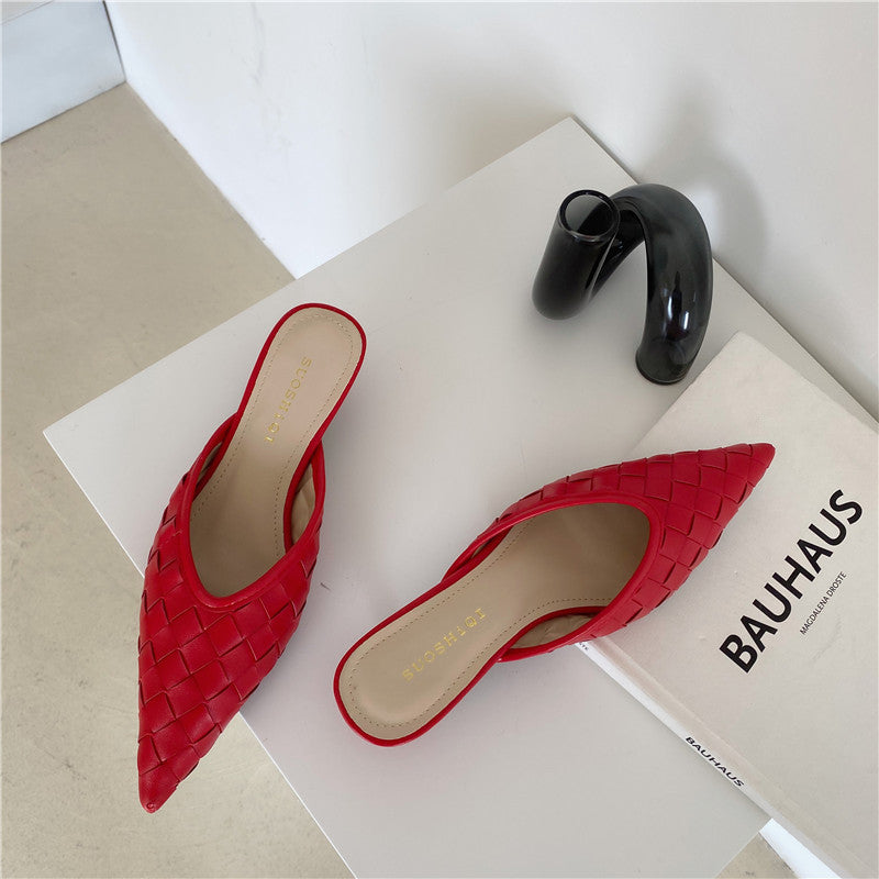 Woven pointed mid-heel half slippers