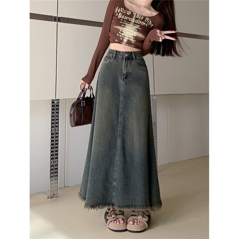 Autumn High Waist Retro Denim A- Line Overall Dress
