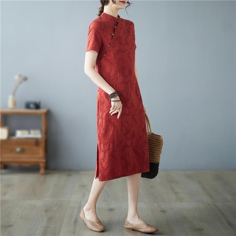 Retro Chinese-style Stand-collar Dress With A Slimming Elegant Design And Short Sleeves