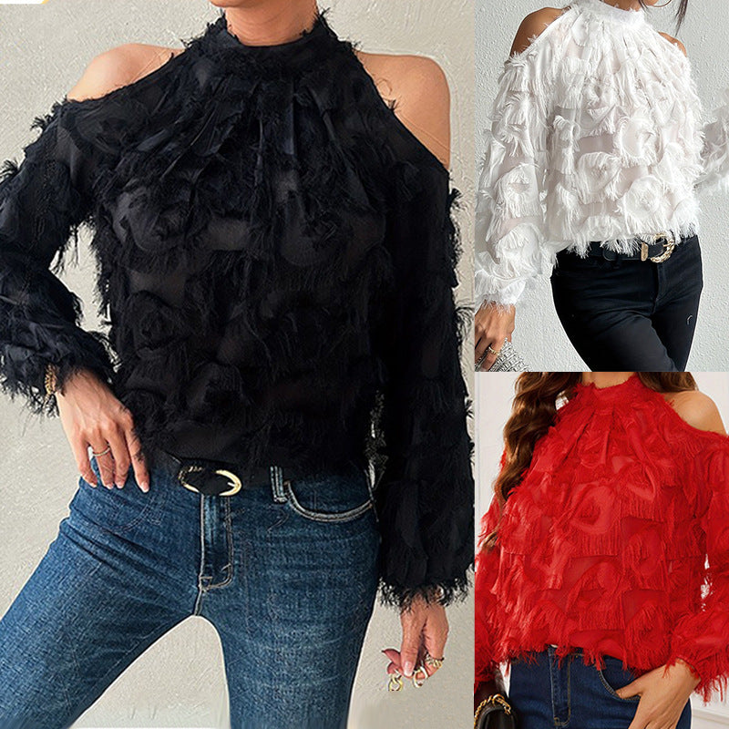Fransk-inspireret langærmet off-shoulder bluse med frynser til hverdagsbrug