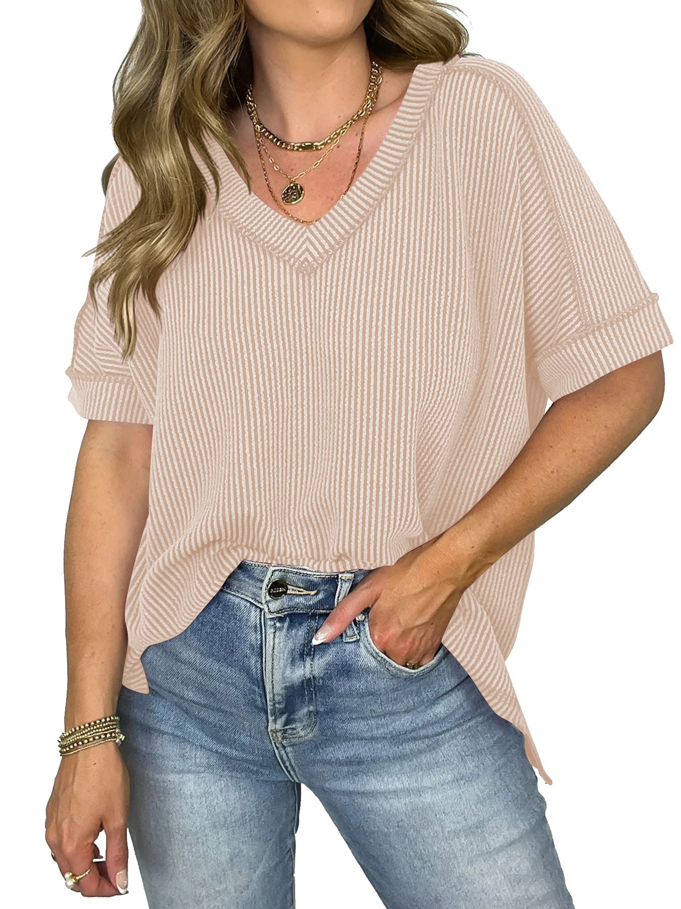 New Twist Strip V-neck Pullover T-shirt