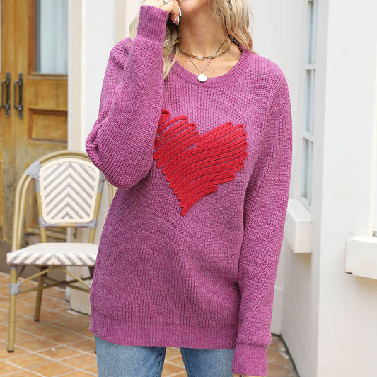 Loose Love Embroidered Crew Neck Pullover Long Sleeve Knitted Sweater For Women