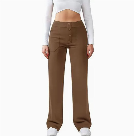 New Fall Women's Clothing High Waist Pocket Wide Leg Button Casual Baggy Straight Trousers Trousers