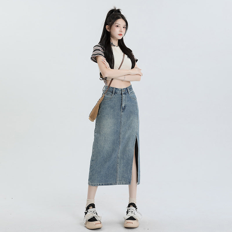 Women's Orange Silk Split Denim Skirt For Hot Girls Summer High Waist