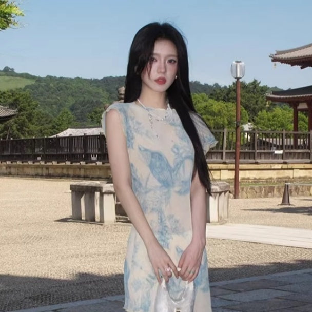New Chinese-style Cool Blue Printed Stretchy Asymmetrical Sleeveless Tank Dress