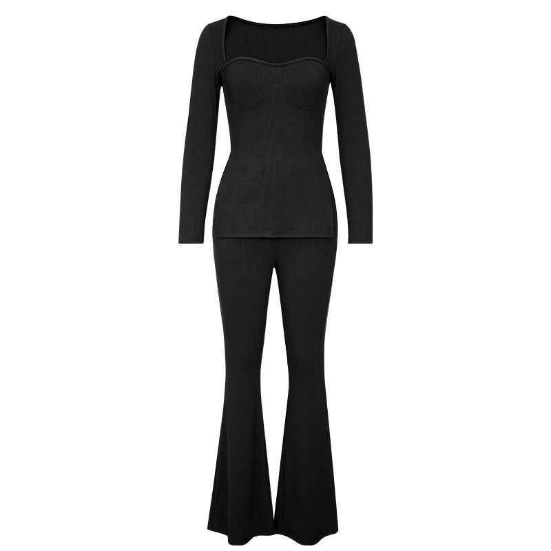 Backless Top And Long Pants Two-piece Solid Color Set