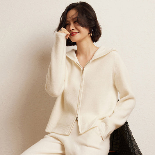 Women's Cashmere Hooded Zip Cardigan Sweater