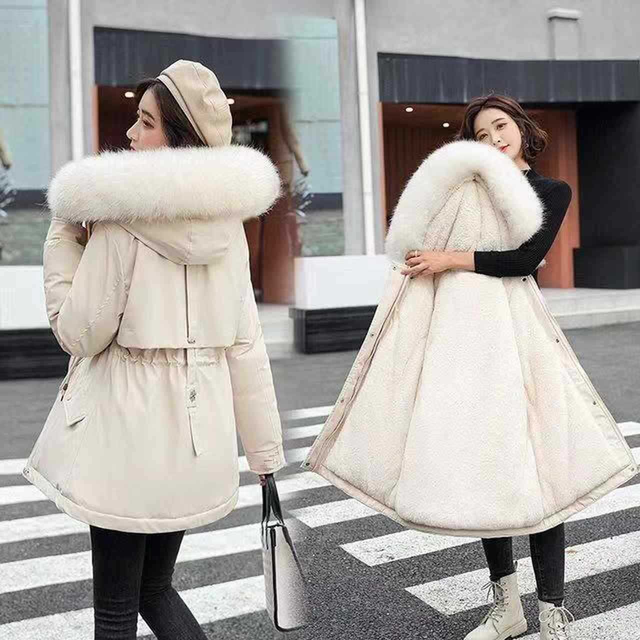 Long Style Large Fur Collar Fleece Lined Cotton Jacket Down Cotton Coat Outerwear