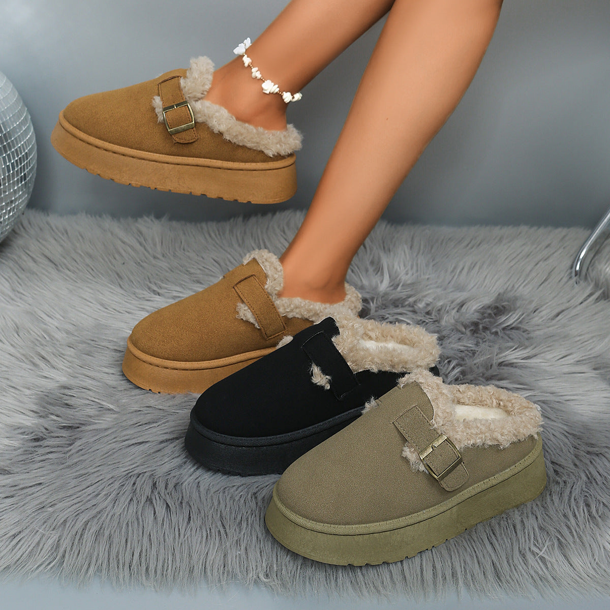 Platform Fluffy Shoes Round Head Warm With Velvet Casual Cotton-padded Shoes