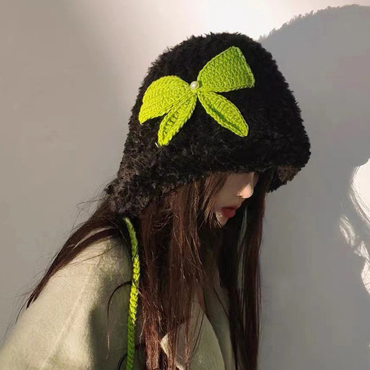 Womens Hand-Crocheted Pom-Pom Hat With Bowknot Warm