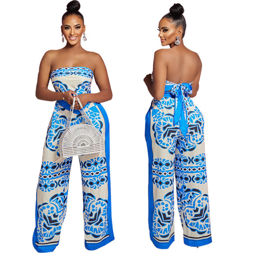 Printed Tube Top Apron Trousers Suit