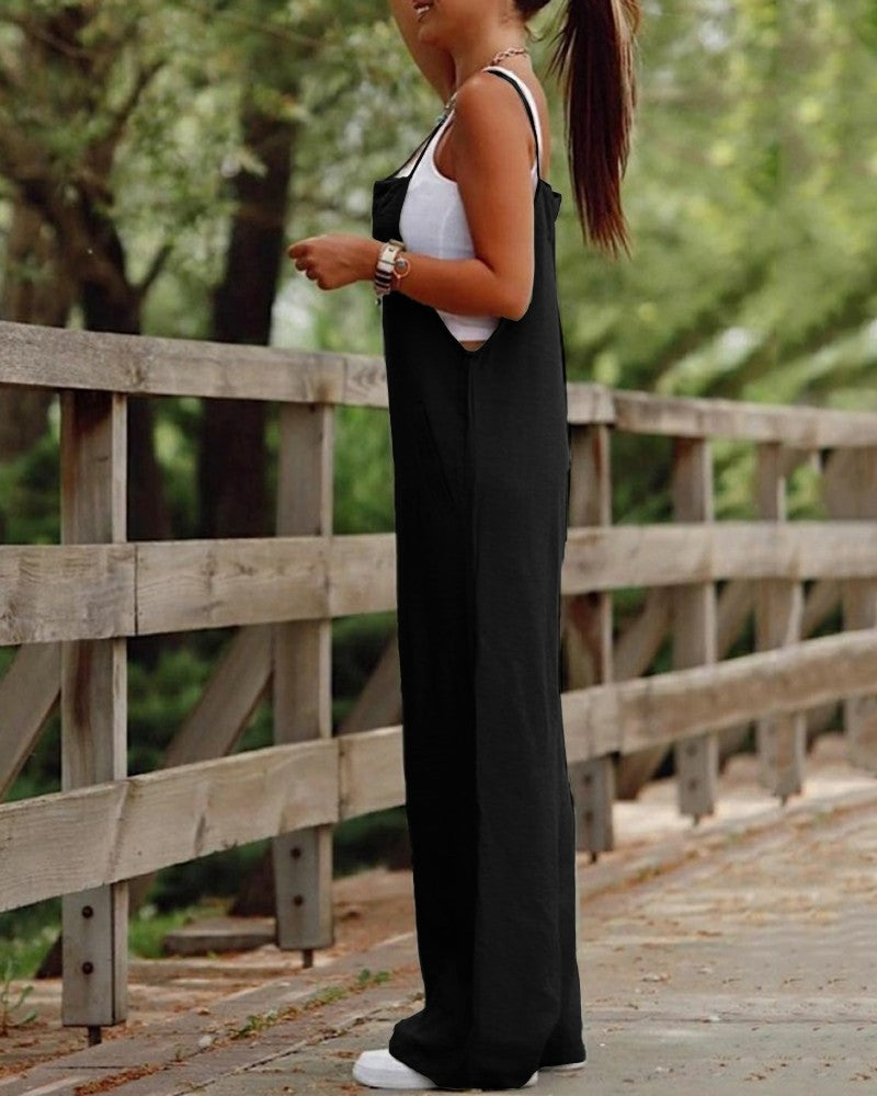 Ærmeløs Jumpsuit Til Kvinder Med Lommer Og Justerbar Skulderrem Moderigtig Løs Bred Ben Lige Overalls Sommer Strandbukser