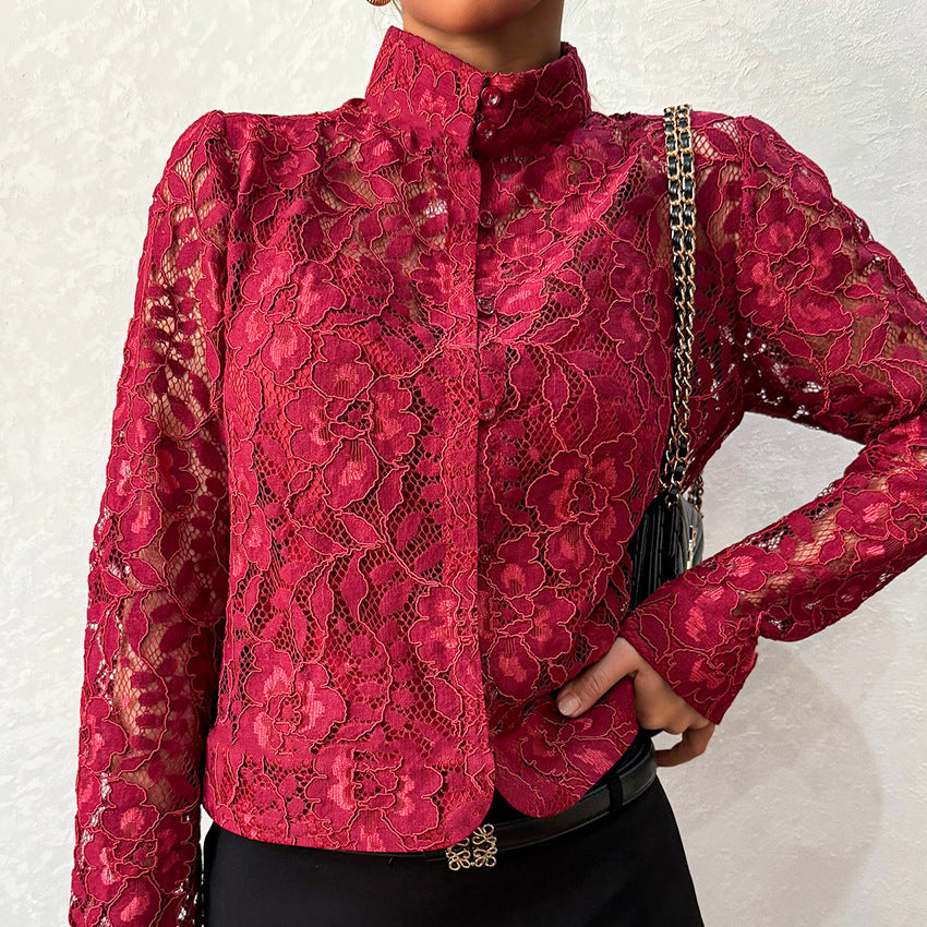 Fashionable Lace Blouse For Women Cardigan-style Top With A Stand-up Collar