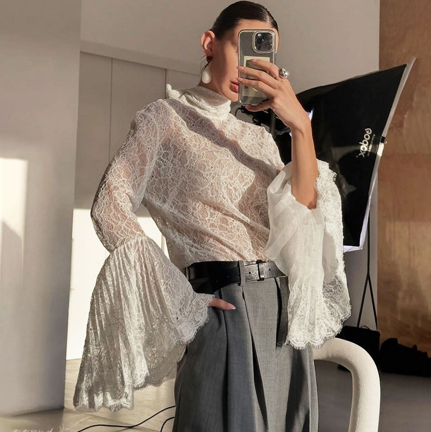 Sexy Lace Ruffle-sleeve Flowy-neckline Blouse