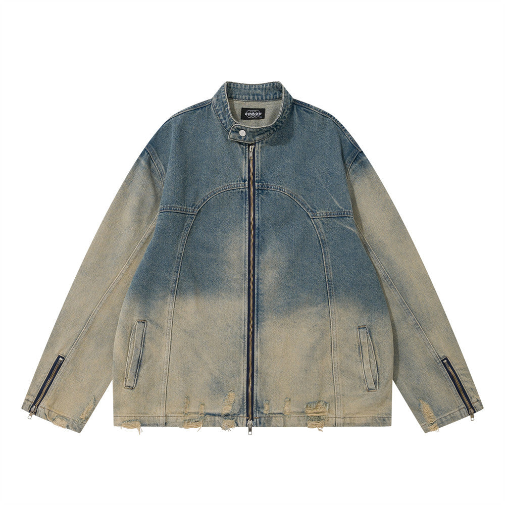 Men's American Street Water Washed Hole Distressed Deconstruction Stitching Autumn Coat