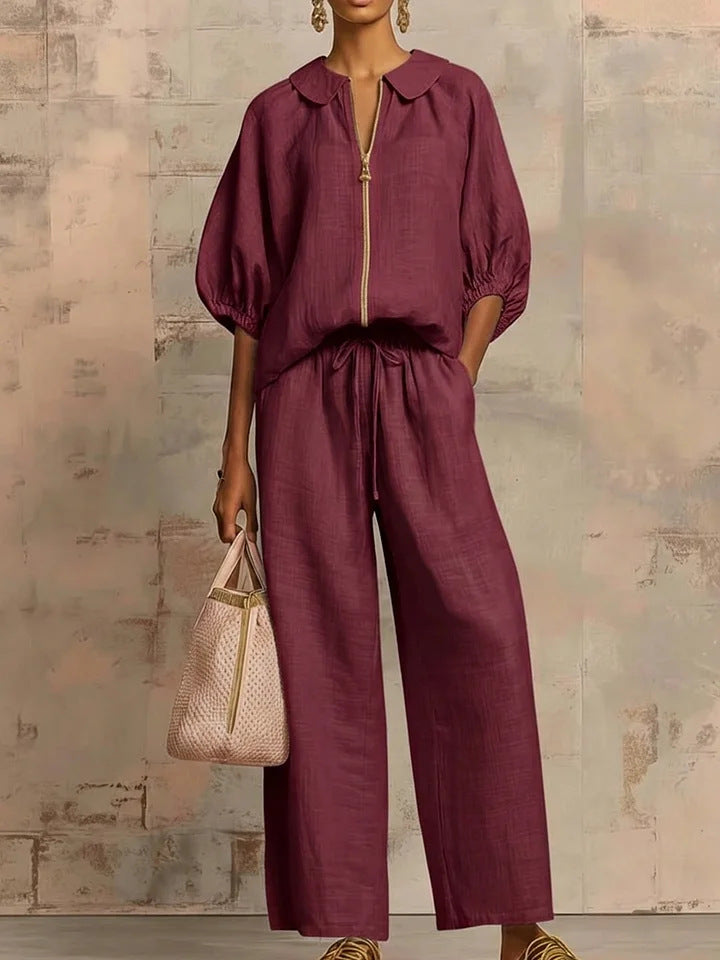 Solid-color Casual Loose-fitting Zip-up Sweatshirt And Straight-leg Pants Set
