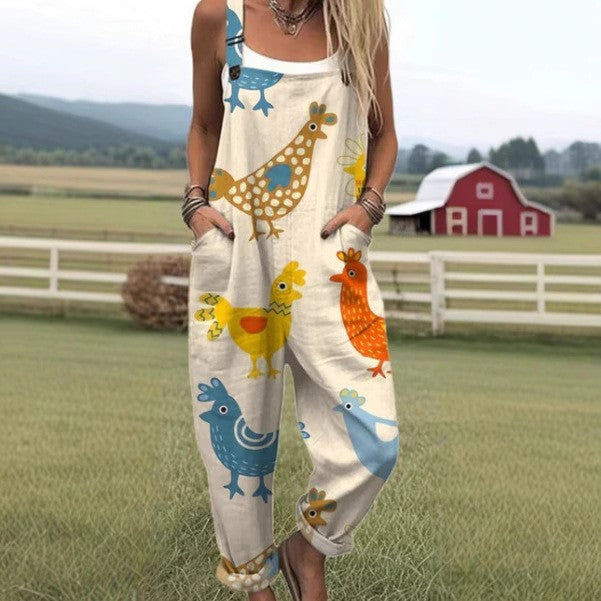 Women's Fresh And Sweet Digital Print Button Suspender Casual Pants