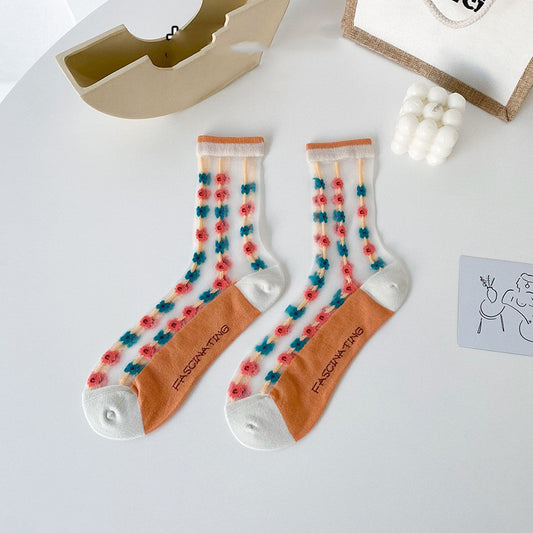 Small Flower Socks Breathable Glass Silk Ladies Cotton Socks