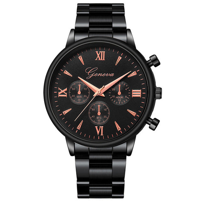 Three - eye quartz watch with steel belt