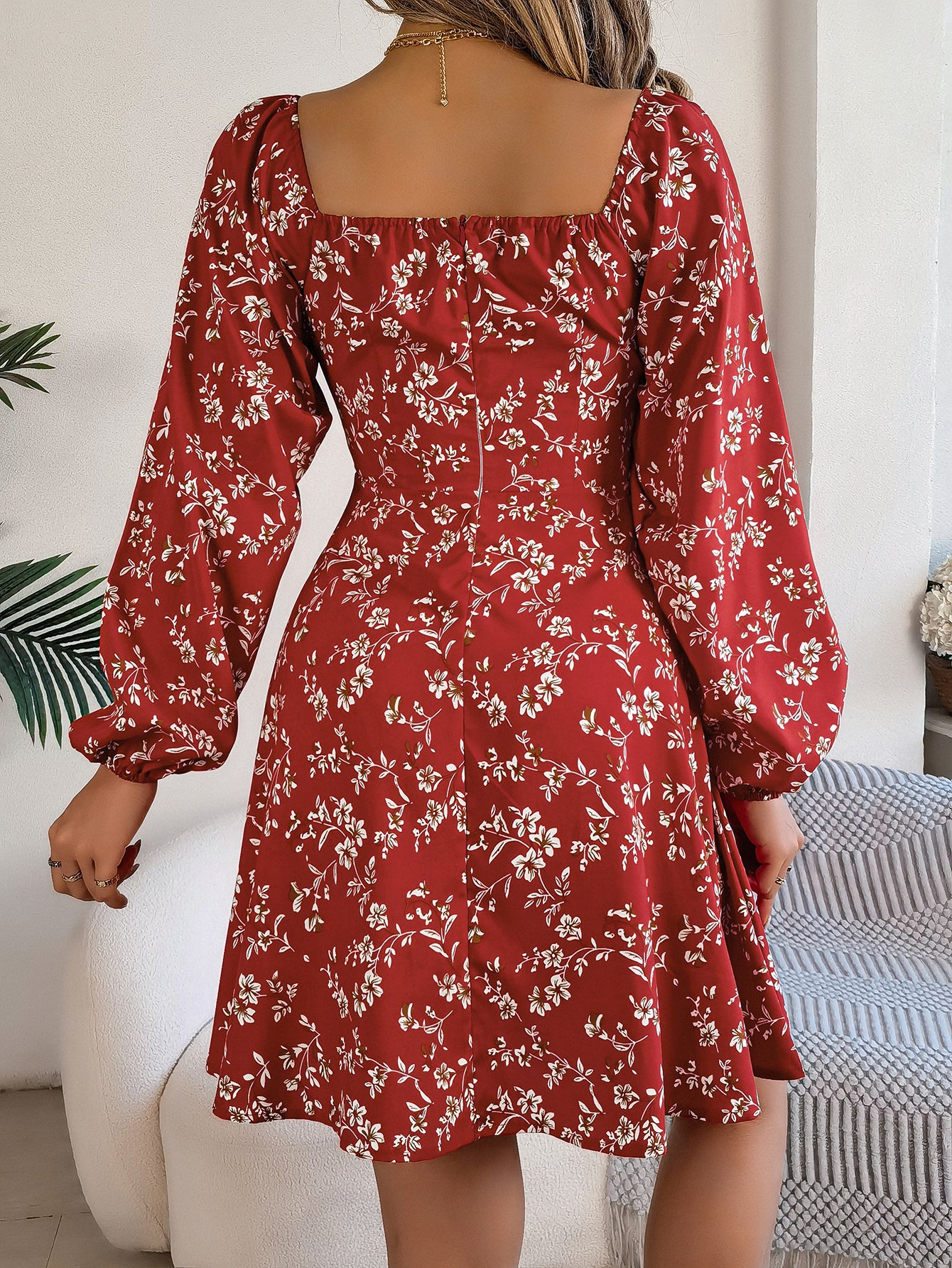 Women's Casual Sexy Tie Waist Square Neck Floral Print Long Sleeve A-Line Dress