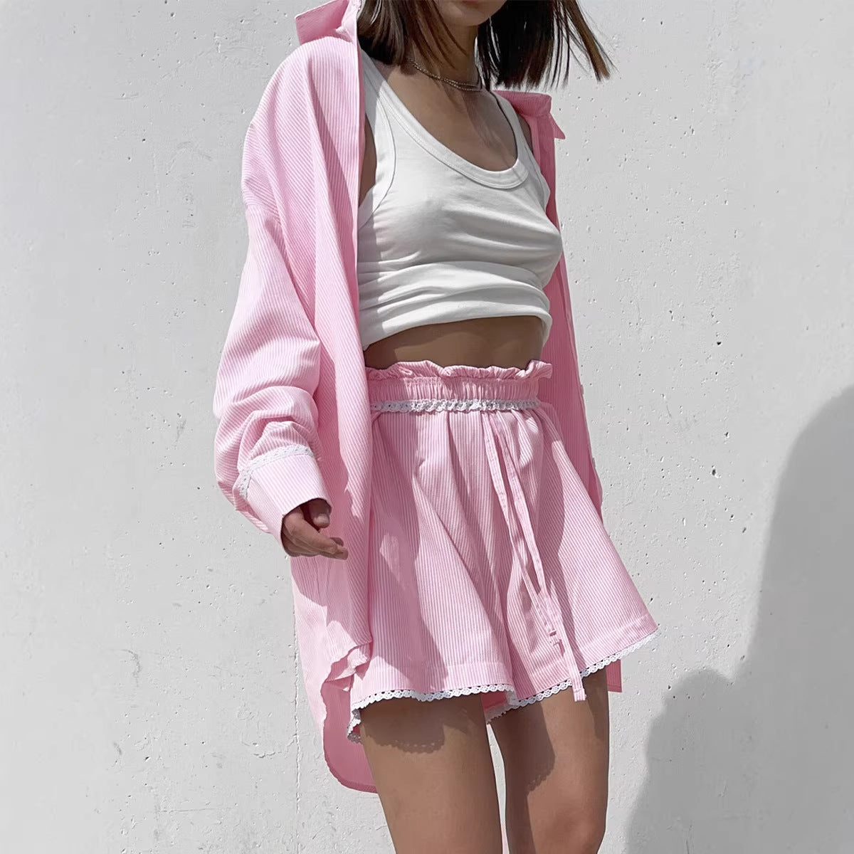 Fashionable Casual Lace-trimmed Shirt And Shorts Set For Women