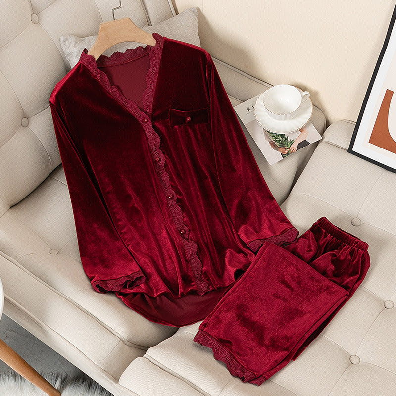 Gold Velvet Pajamas Women's Two-piece Suit