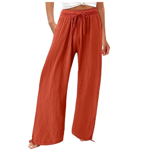 Women'S Cotton & Linen Solid Color Wide Leg Casual Pants With Pockets