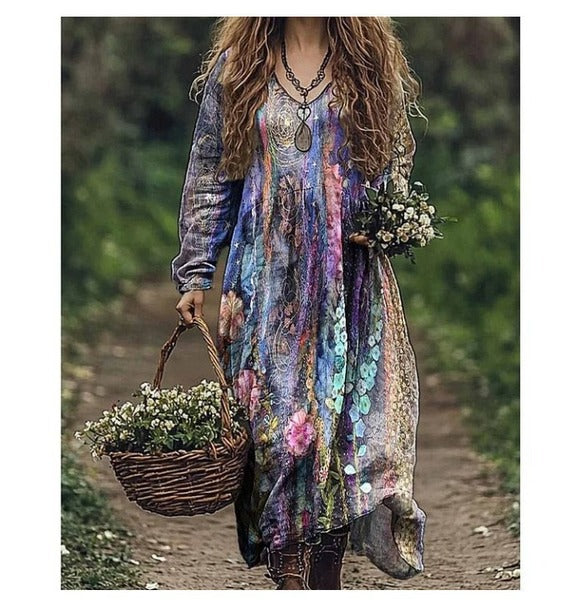 Fitted Waist Color-Block Long-Sleeve Dress