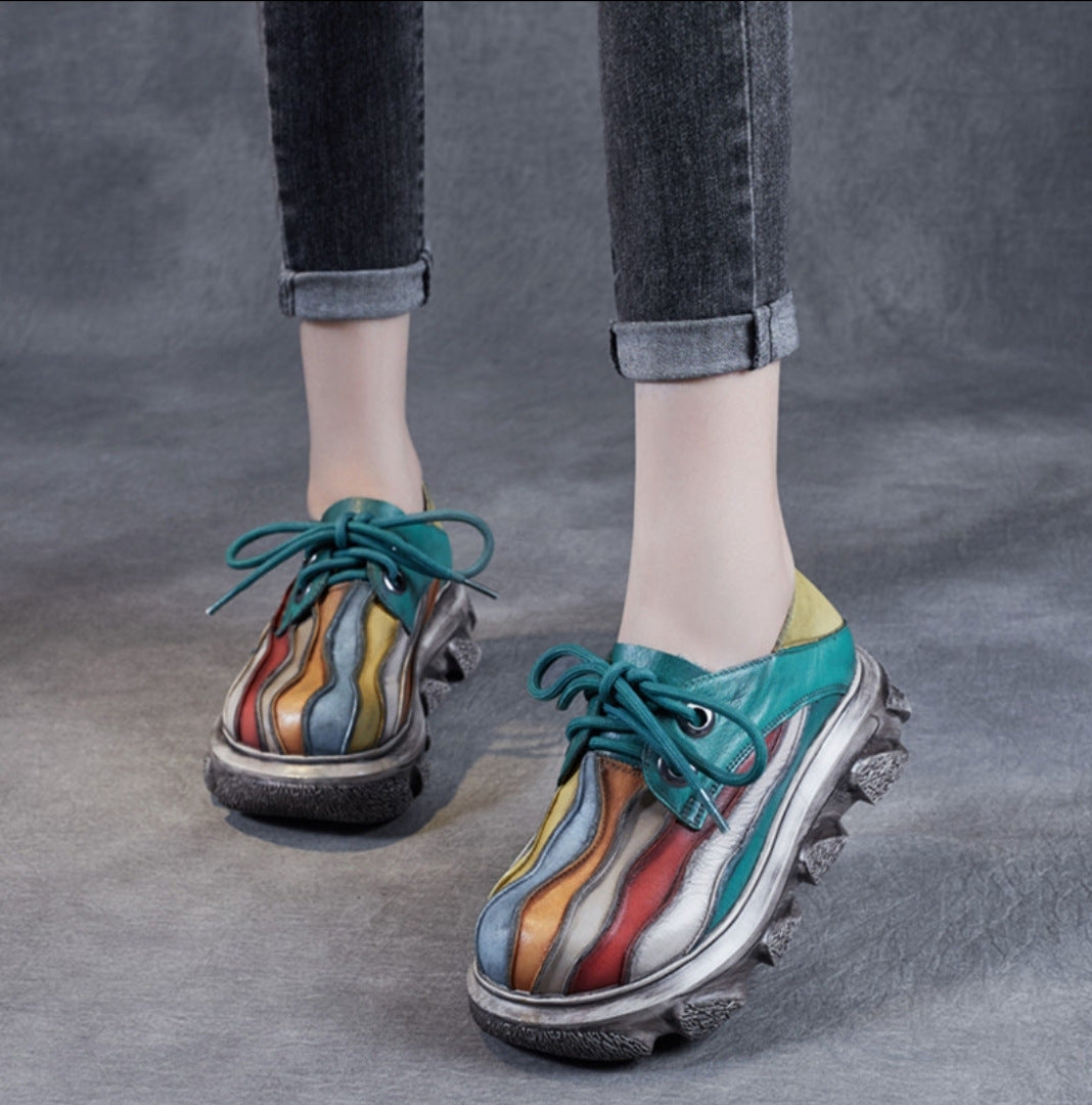 Women's Retro Color-block Rainbow Lace-up Shoes