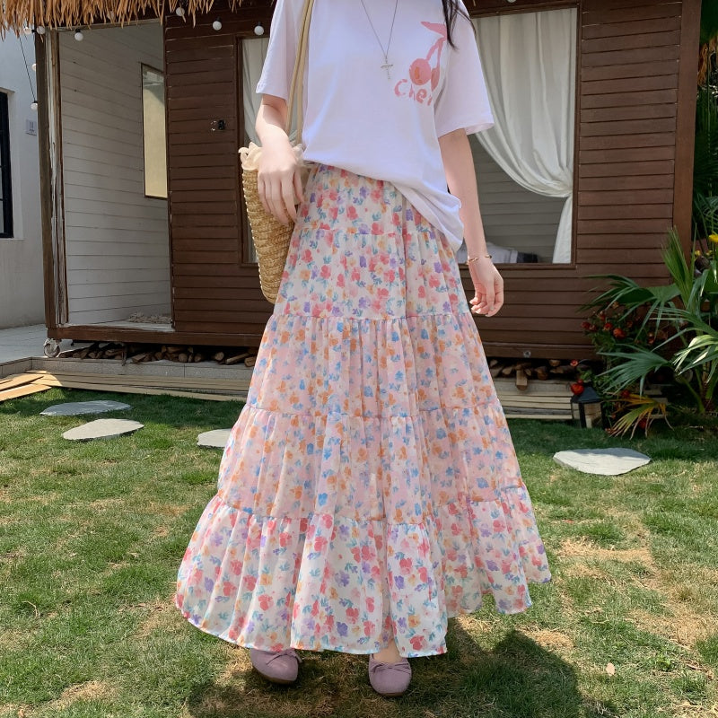 High Waist Drooping Printed Chiffon Floral Skirt For Women
