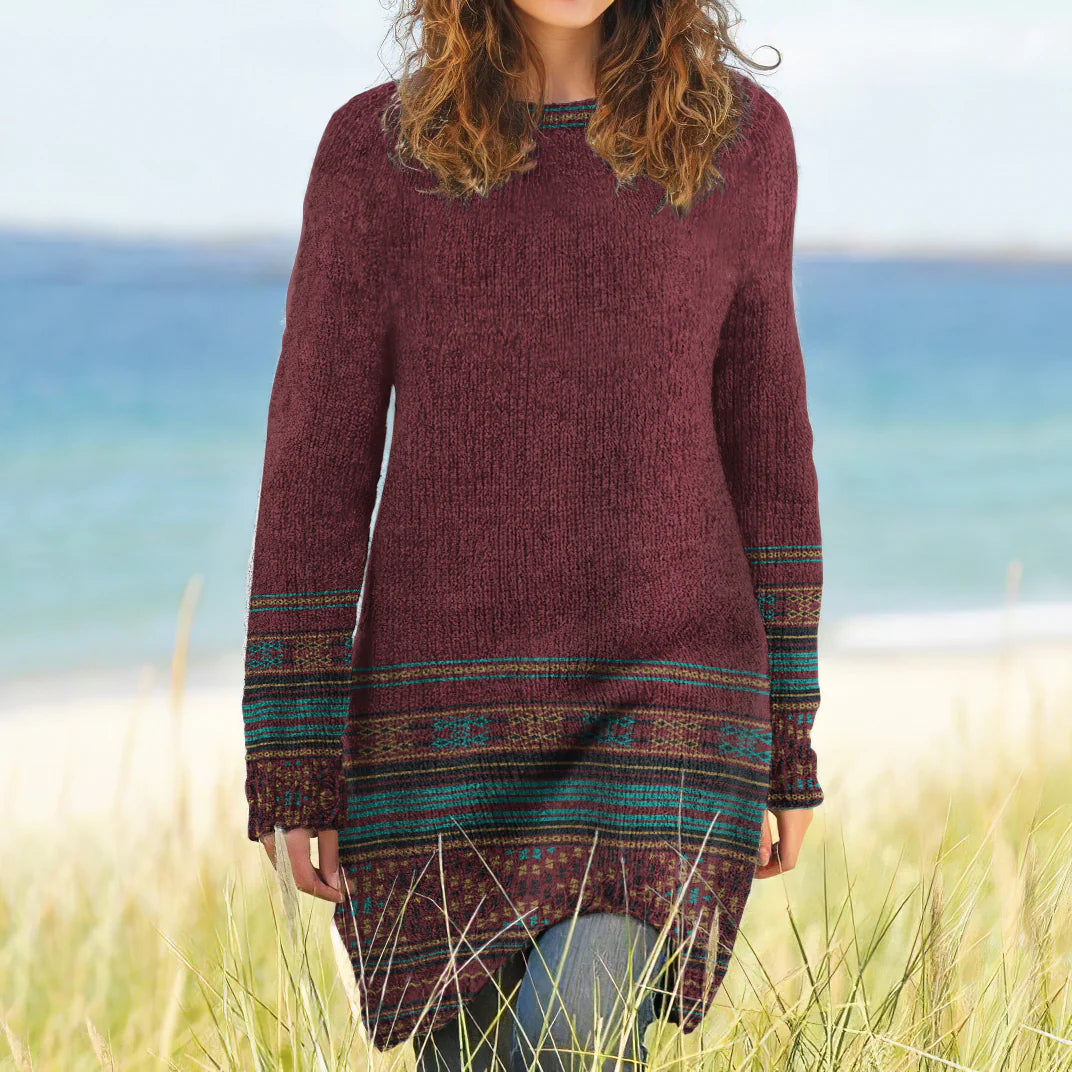 Womens Printed Chunky-Knit Fabric Long-Sleeve Dress