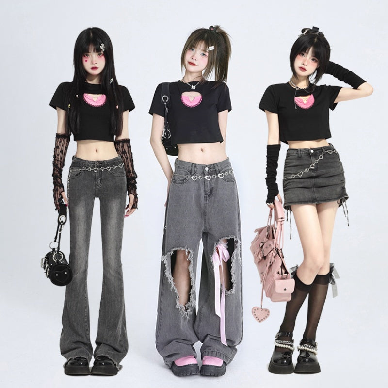 Black Short T-shirt Female Summer Hollow Out Midriff-baring Short Sleeve